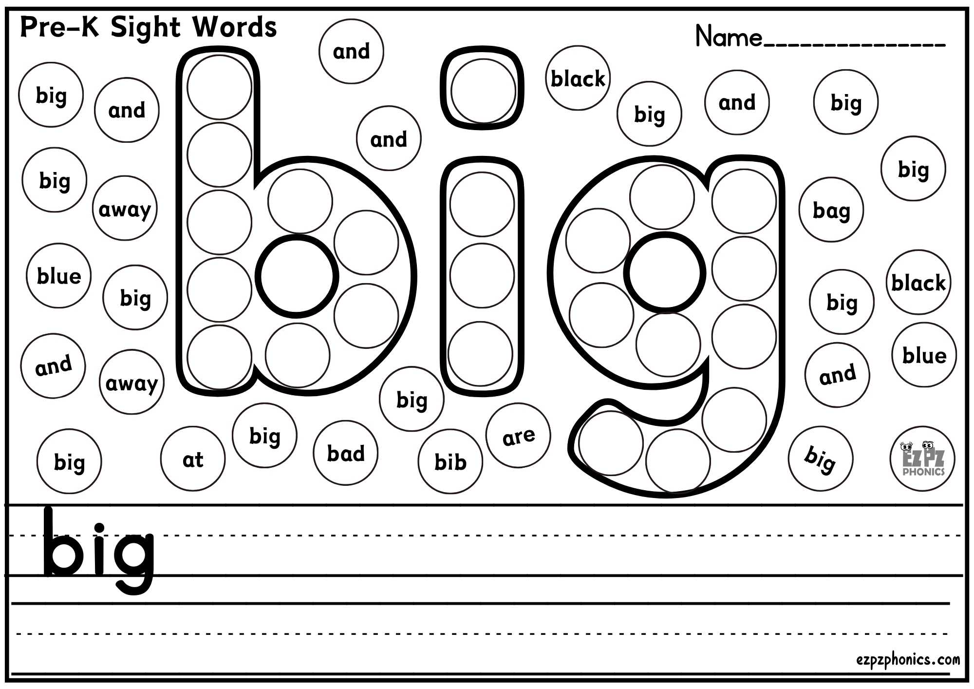"Big" Dolch Sight Word Dab & Write Worksheet Pre K Free PDF Download